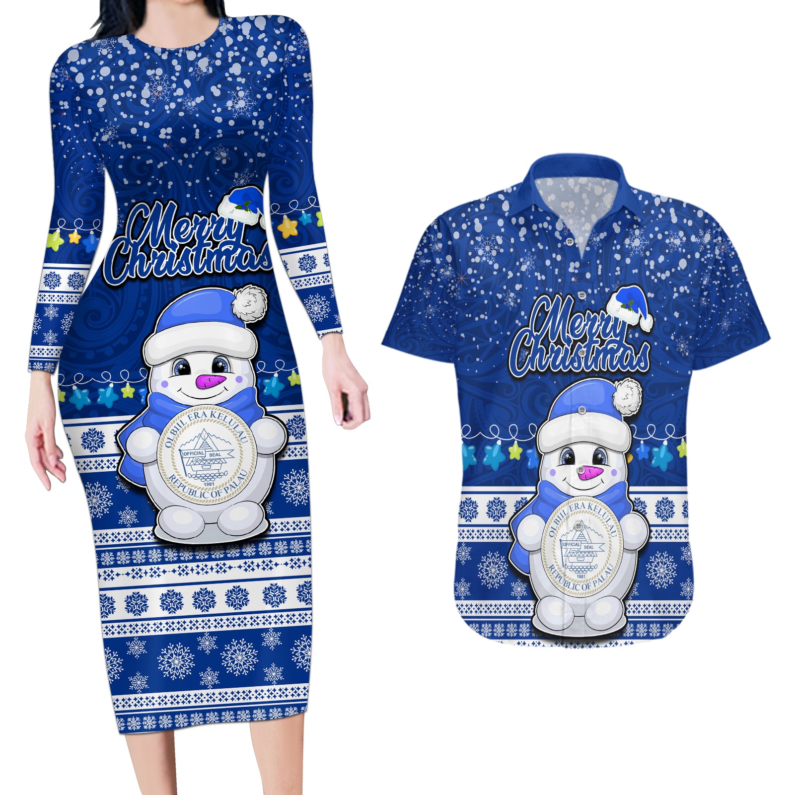 Personalised Palau Christmas Couples Matching Long Sleeve Bodycon Dress and Hawaiian Shirt Snowman Hugs Palau Coat of Arms Maori Pattern Blue Style LT03 Blue - Polynesian Pride