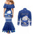 Personalised Palau Christmas Couples Matching Mermaid Dress and Long Sleeve Button Shirt Snowman Hugs Palau Coat of Arms Maori Pattern Blue Style LT03 - Polynesian Pride