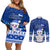 Personalised Palau Christmas Couples Matching Off Shoulder Short Dress and Long Sleeve Button Shirt Snowman Hugs Palau Coat of Arms Maori Pattern Blue Style LT03 Blue - Polynesian Pride
