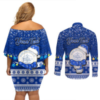 Personalised Palau Christmas Couples Matching Off Shoulder Short Dress and Long Sleeve Button Shirt Snowman Hugs Palau Coat of Arms Maori Pattern Blue Style LT03 - Polynesian Pride