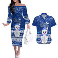 Personalised Palau Christmas Couples Matching Off The Shoulder Long Sleeve Dress and Hawaiian Shirt Snowman Hugs Palau Coat of Arms Maori Pattern Blue Style LT03 Blue - Polynesian Pride