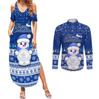 Personalised Palau Christmas Couples Matching Summer Maxi Dress and Long Sleeve Button Shirt Snowman Hugs Palau Coat of Arms Maori Pattern Blue Style LT03 Blue - Polynesian Pride