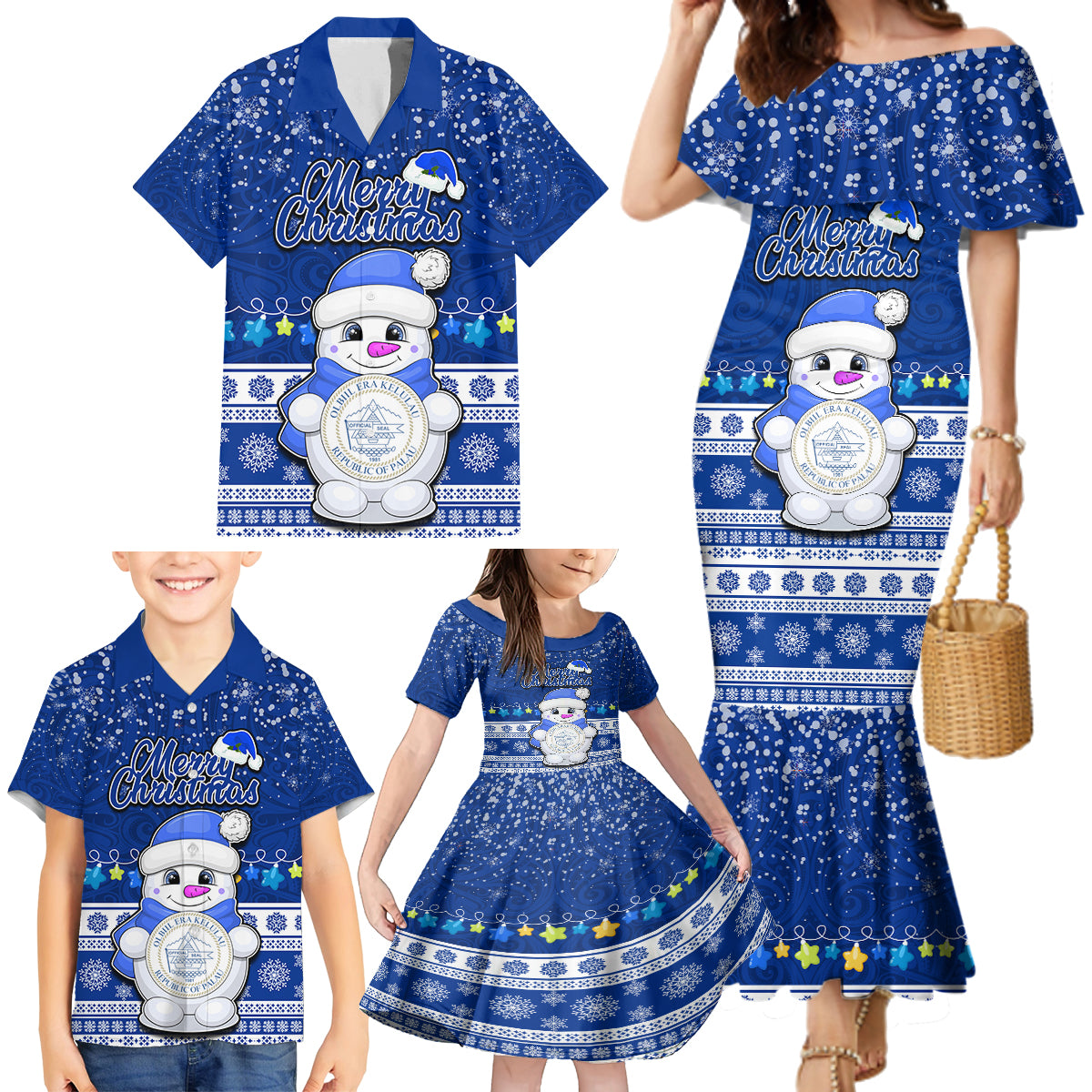 Personalised Palau Christmas Family Matching Mermaid Dress and Hawaiian Shirt Snowman Hugs Palau Coat of Arms Maori Pattern Blue Style LT03 - Polynesian Pride