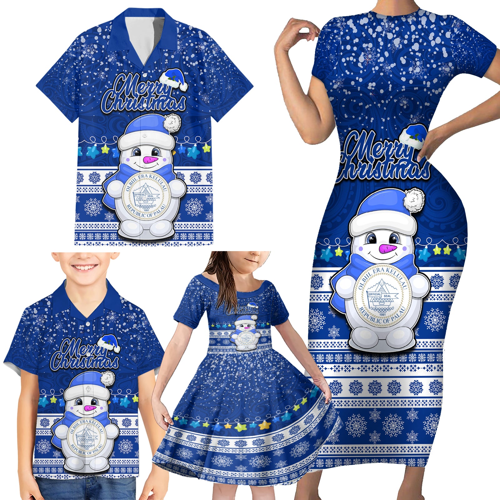 Personalised Palau Christmas Family Matching Short Sleeve Bodycon Dress and Hawaiian Shirt Snowman Hugs Palau Coat of Arms Maori Pattern Blue Style LT03 - Polynesian Pride