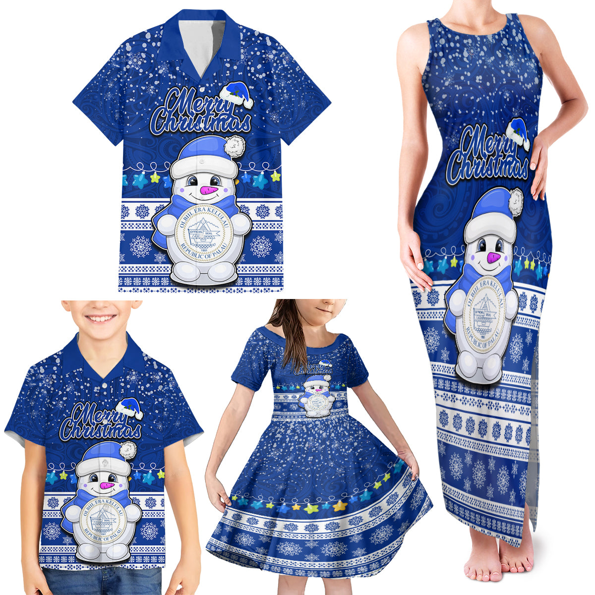 Personalised Palau Christmas Family Matching Tank Maxi Dress and Hawaiian Shirt Snowman Hugs Palau Coat of Arms Maori Pattern Blue Style LT03 - Polynesian Pride