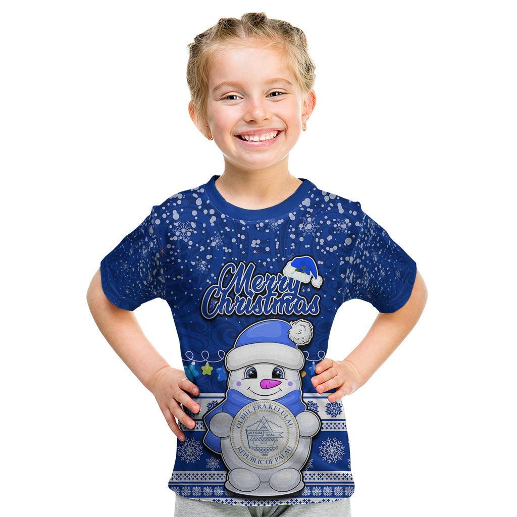Personalised Palau Christmas Kid T Shirt Snowman Hugs Palau Coat of Arms Maori Pattern Blue Style LT03 Blue - Polynesian Pride