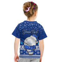 Personalised Palau Christmas Kid T Shirt Snowman Hugs Palau Coat of Arms Maori Pattern Blue Style LT03 - Polynesian Pride