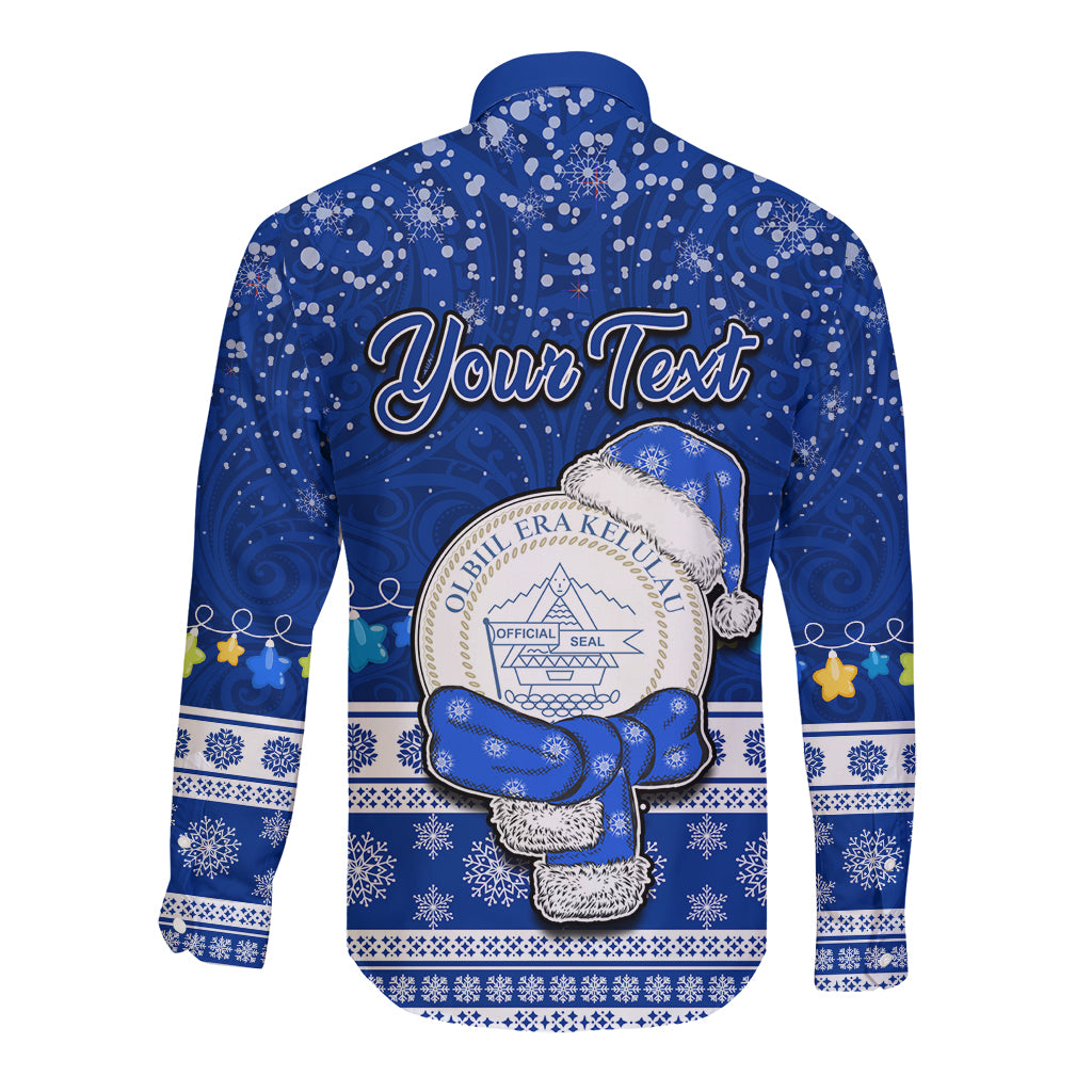 Personalised Palau Christmas Long Sleeve Button Shirt Snowman Hugs Palau Coat of Arms Maori Pattern Blue Style LT03 - Polynesian Pride