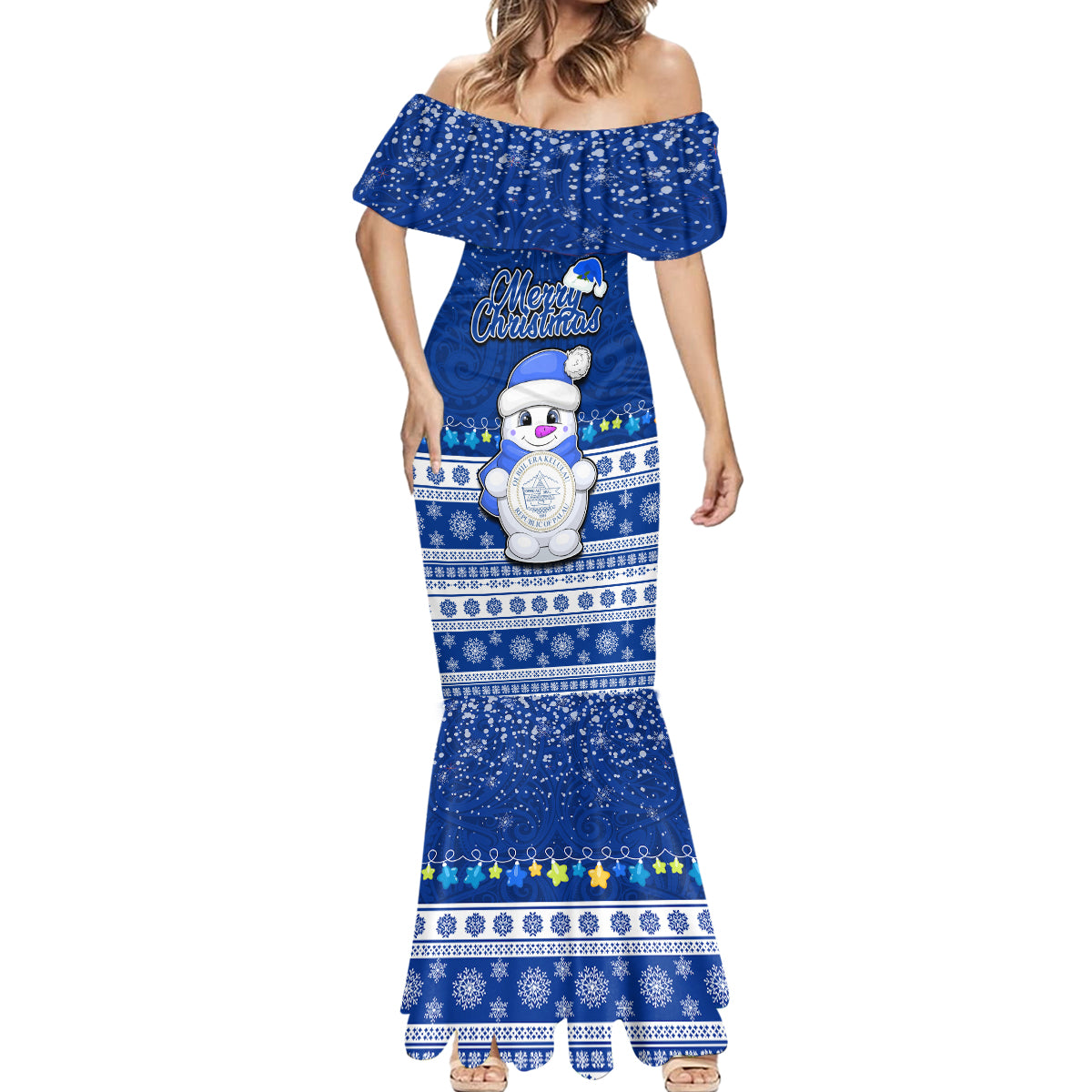 Personalised Palau Christmas Mermaid Dress Snowman Hugs Palau Coat of Arms Maori Pattern Blue Style LT03 - Polynesian Pride
