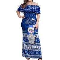 Personalised Palau Christmas Off Shoulder Maxi Dress Snowman Hugs Palau Coat of Arms Maori Pattern Blue Style LT03 Women Blue - Polynesian Pride