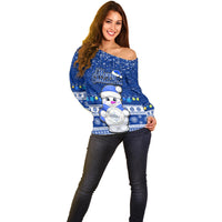 Personalised Palau Christmas Off Shoulder Sweater Snowman Hugs Palau Coat of Arms Maori Pattern Blue Style LT03 - Polynesian Pride