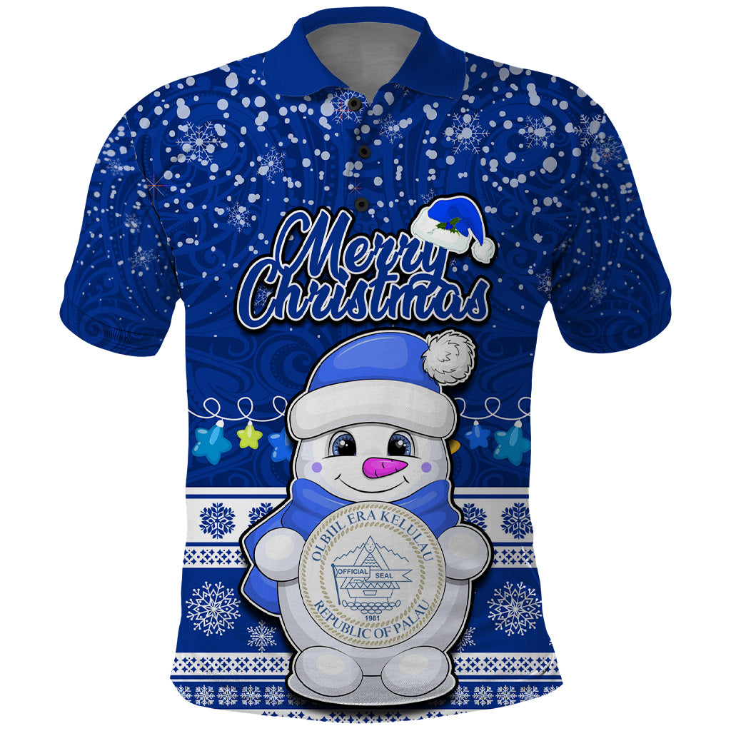Personalised Palau Christmas Polo Shirt Snowman Hugs Palau Coat of Arms Maori Pattern Blue Style LT03 Blue - Polynesian Pride