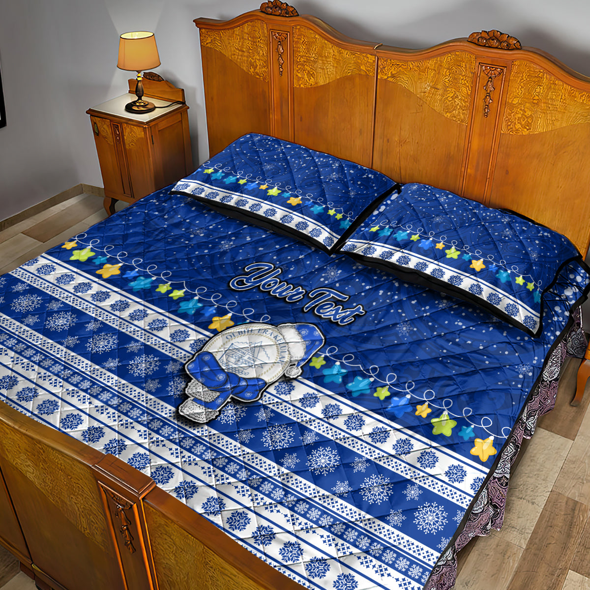 Personalised Palau Christmas Quilt Bed Set Snowman Hugs Palau Coat of Arms Maori Pattern Blue Style LT03 - Polynesian Pride