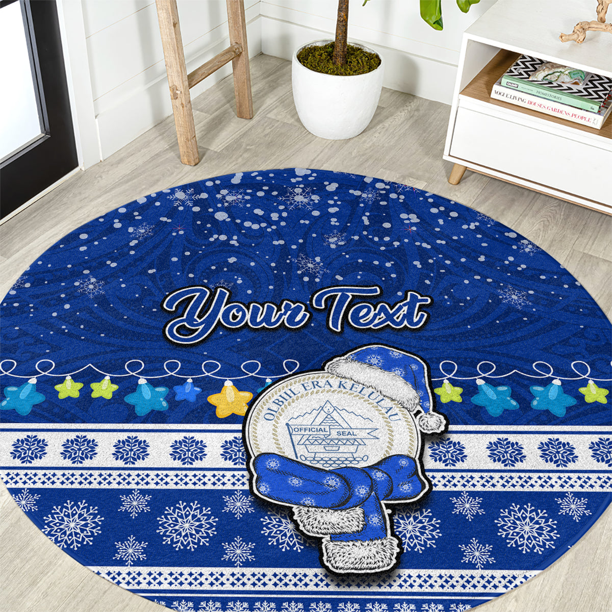 Personalised Palau Christmas Round Carpet Snowman Hugs Palau Coat of Arms Maori Pattern Blue Style LT03 Blue - Polynesian Pride