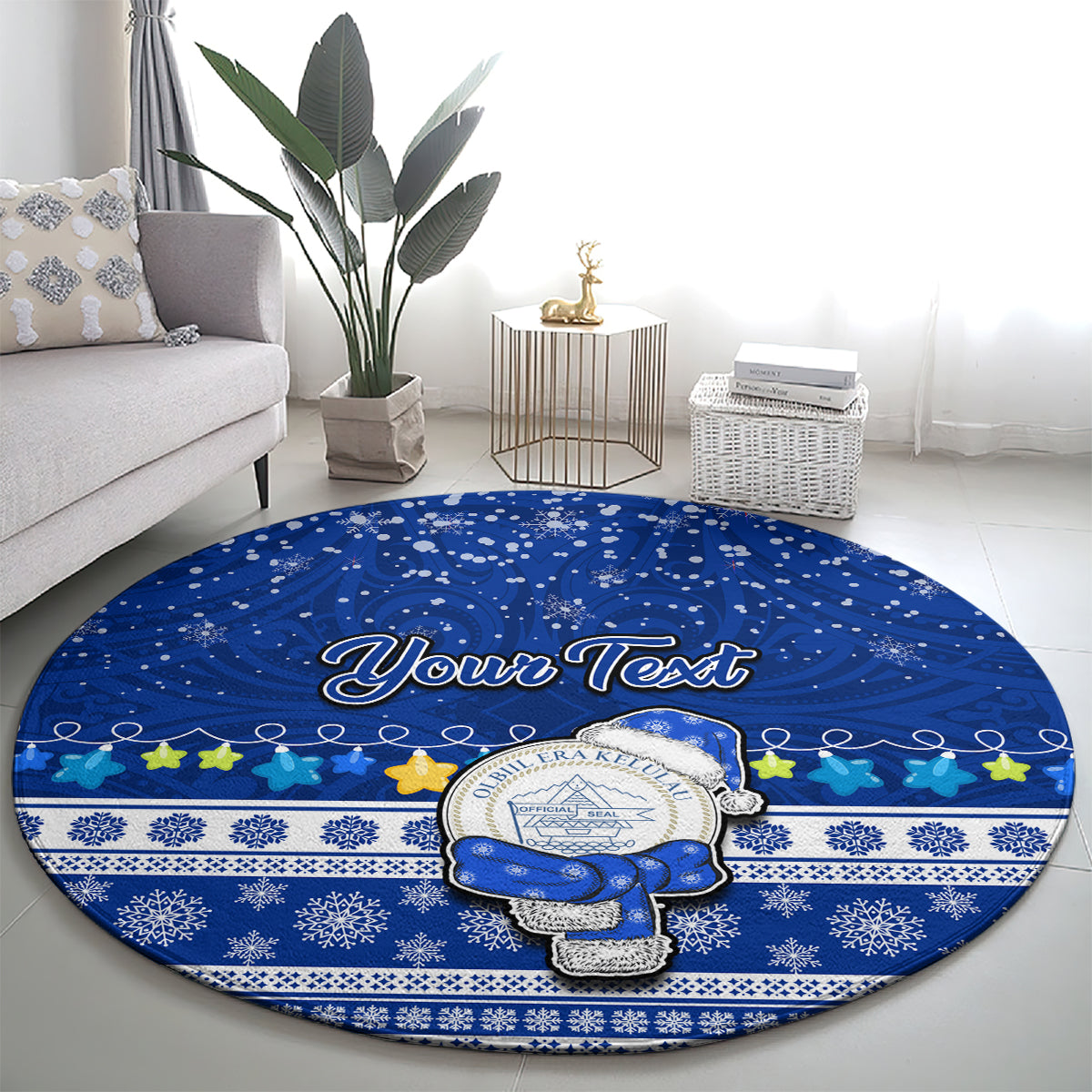 Personalised Palau Christmas Round Carpet Snowman Hugs Palau Coat of Arms Maori Pattern Blue Style LT03 - Polynesian Pride