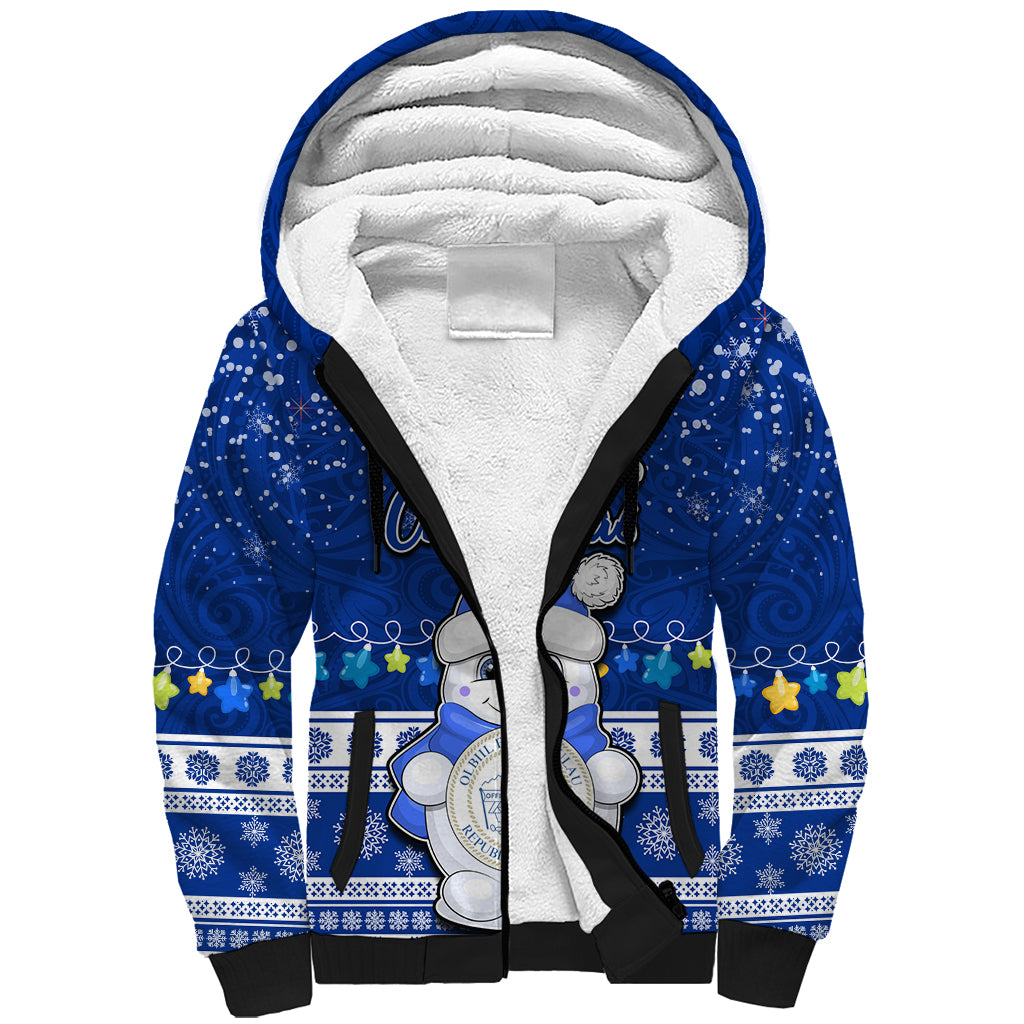 Personalised Palau Christmas Sherpa Hoodie Snowman Hugs Palau Coat of Arms Maori Pattern Blue Style LT03 Unisex Blue - Polynesian Pride