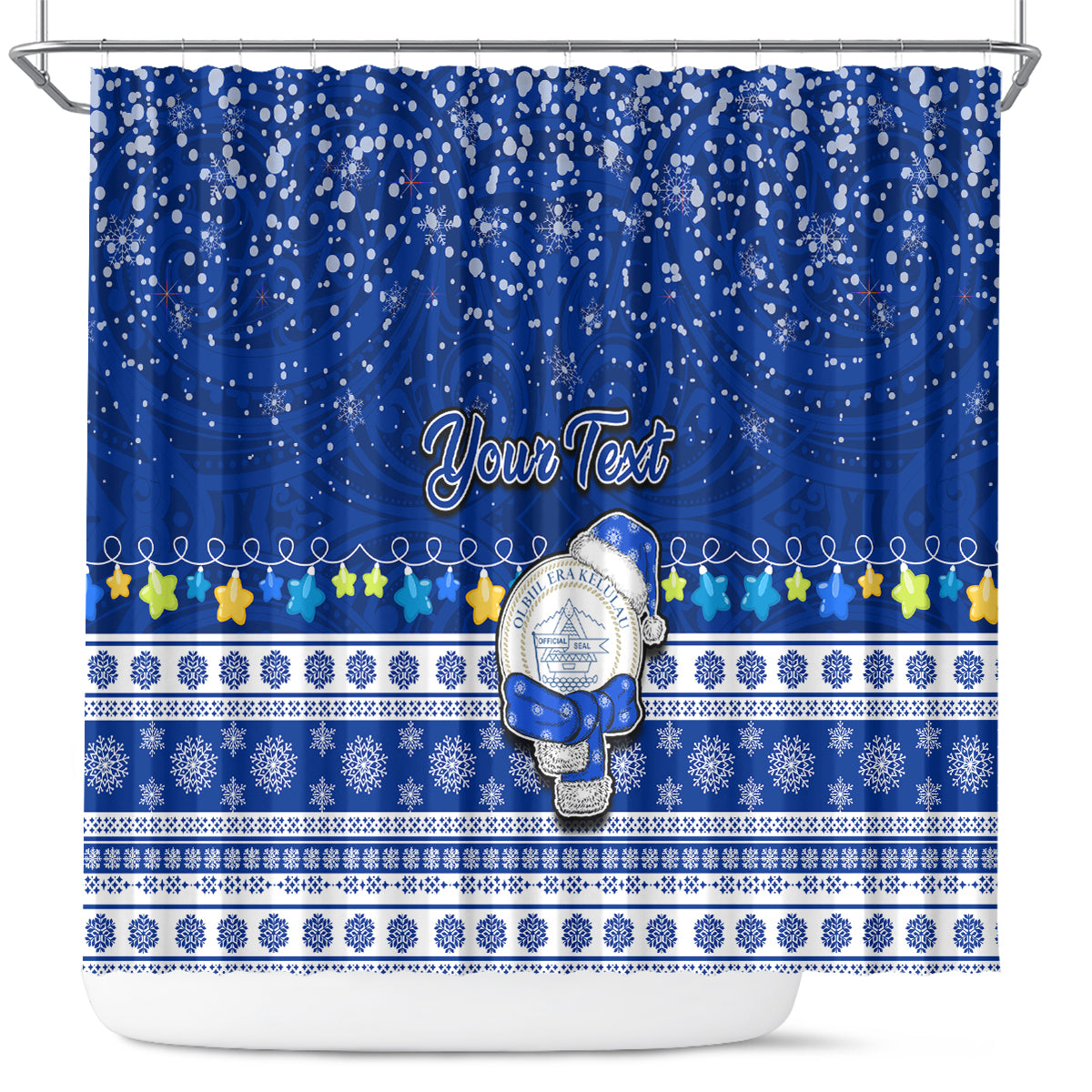 Personalised Palau Christmas Shower Curtain Snowman Hugs Palau Coat of Arms Maori Pattern Blue Style LT03 Blue - Polynesian Pride