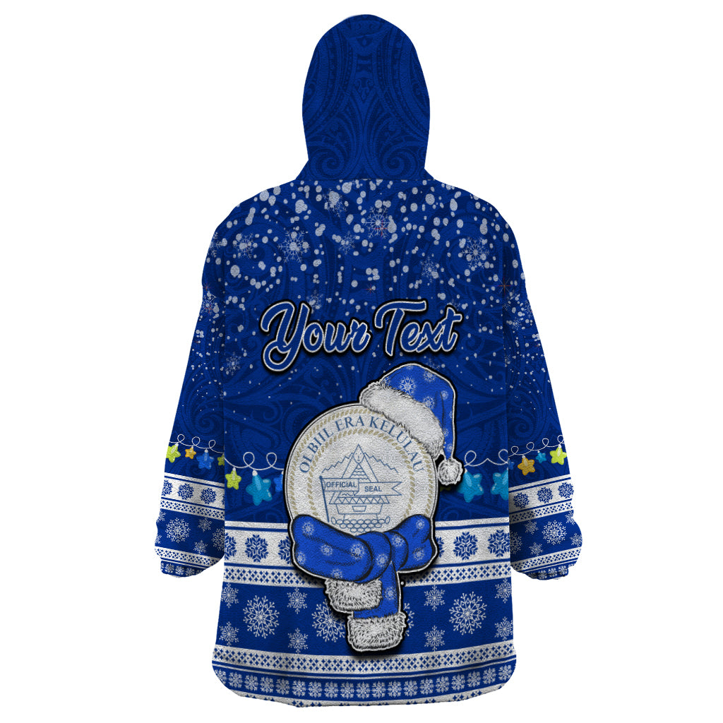 Personalised Palau Christmas Wearable Blanket Hoodie Snowman Hugs Palau Coat of Arms Maori Pattern Blue Style LT03 - Polynesian Pride