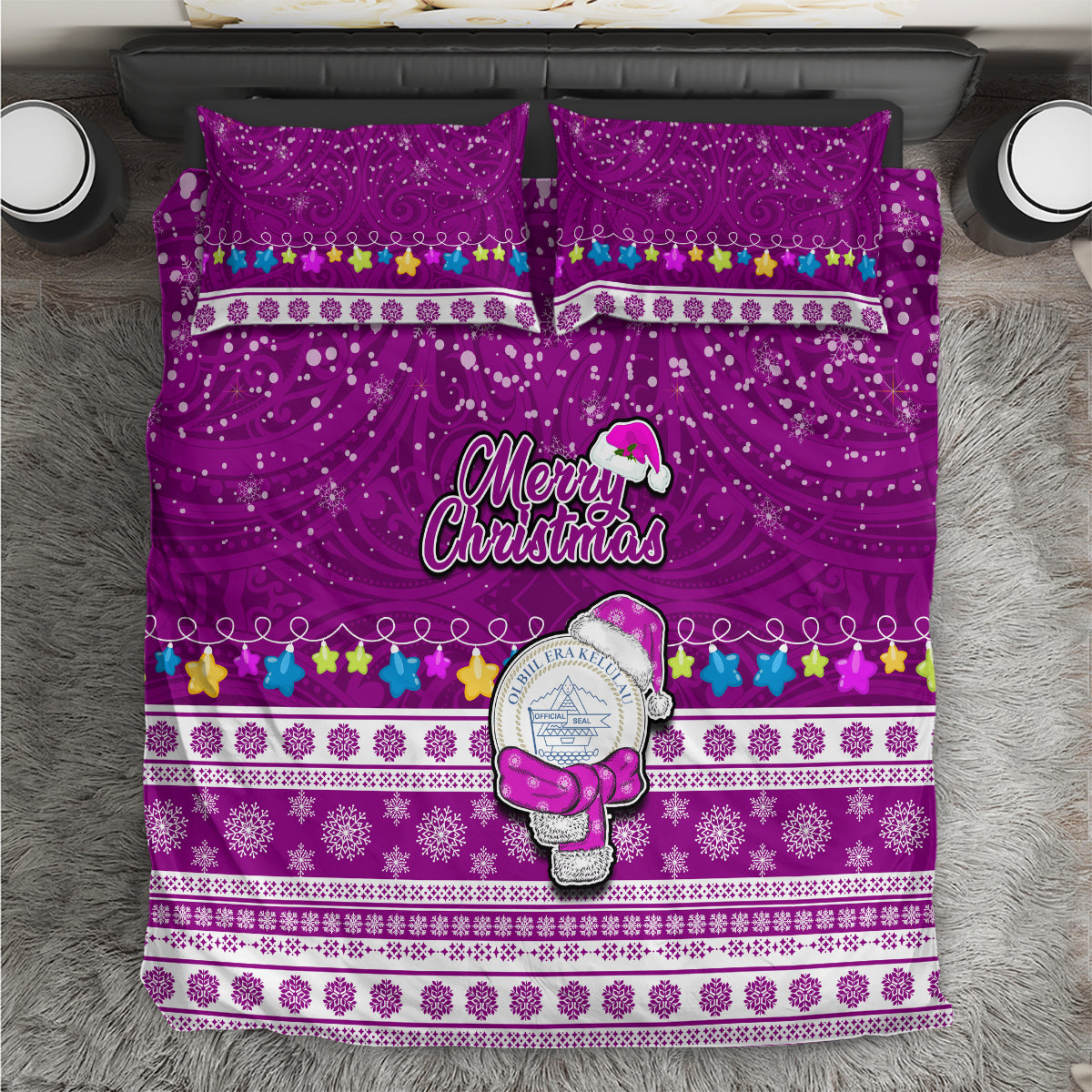 Palau Christmas Bedding Set Snowman Hugs Palau Coat of Arms Maori Pattern Pink Style LT03 Pink - Polynesian Pride