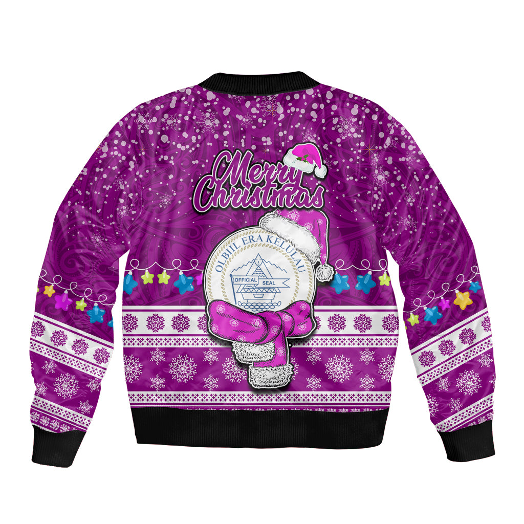 Palau Christmas Bomber Jacket Snowman Hugs Palau Coat of Arms Maori Pattern Pink Style LT03 - Polynesian Pride