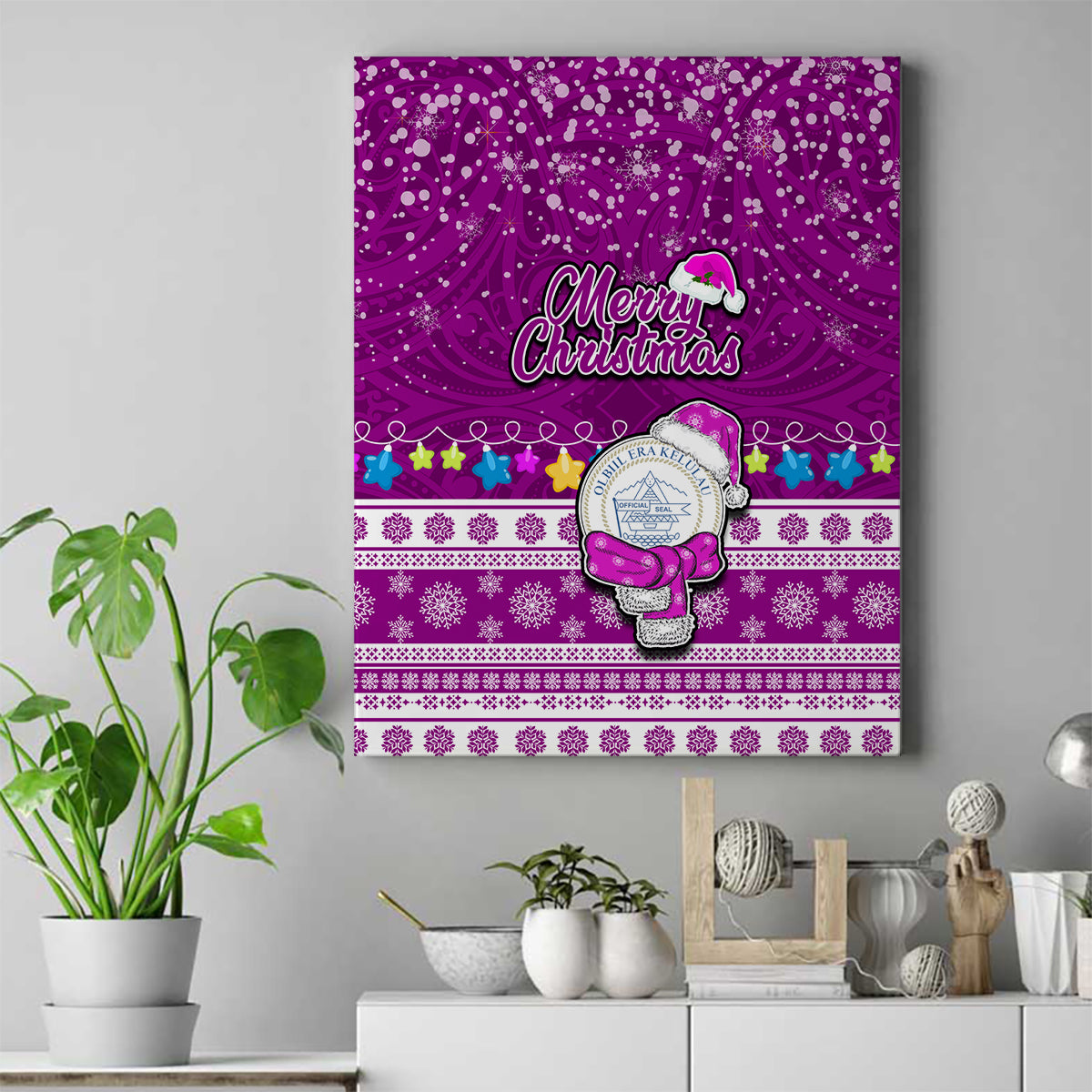 Palau Christmas Canvas Wall Art Snowman Hugs Palau Coat of Arms Maori Pattern Pink Style LT03 Pink - Polynesian Pride