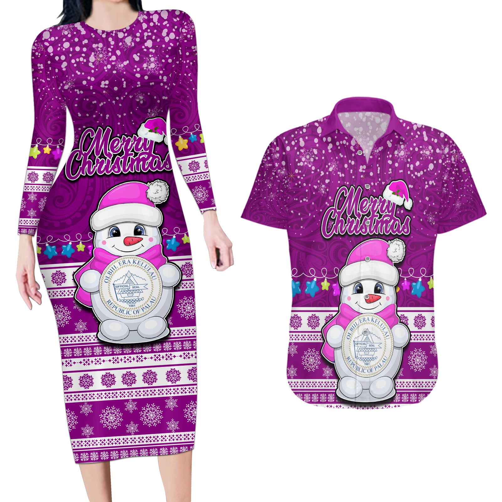 Palau Christmas Couples Matching Long Sleeve Bodycon Dress and Hawaiian Shirt Snowman Hugs Palau Coat of Arms Maori Pattern Pink Style LT03 Pink - Polynesian Pride