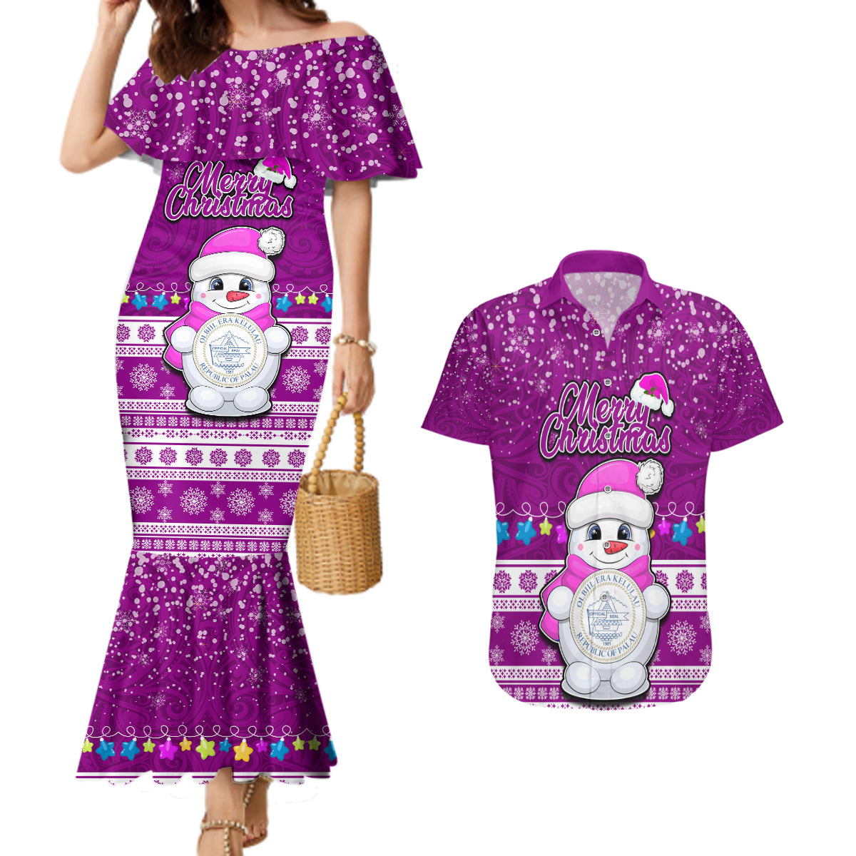 Palau Christmas Couples Matching Mermaid Dress and Hawaiian Shirt Snowman Hugs Palau Coat of Arms Maori Pattern Pink Style LT03 Pink - Polynesian Pride