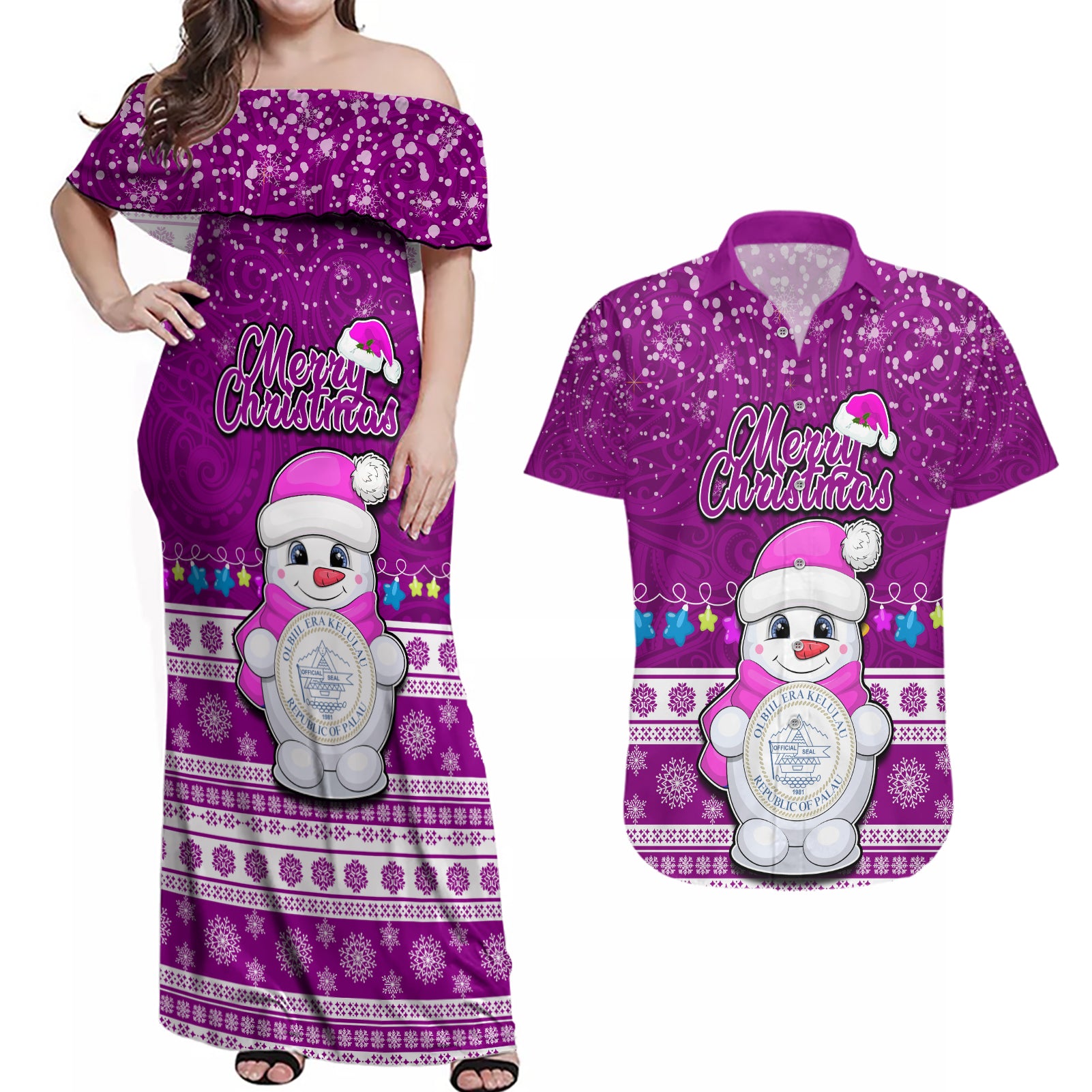 Palau Christmas Couples Matching Off Shoulder Maxi Dress and Hawaiian Shirt Snowman Hugs Palau Coat of Arms Maori Pattern Pink Style LT03 Pink - Polynesian Pride