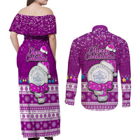 Palau Christmas Couples Matching Off Shoulder Maxi Dress and Long Sleeve Button Shirt Snowman Hugs Palau Coat of Arms Maori Pattern Pink Style LT03 - Polynesian Pride