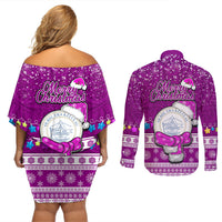 Palau Christmas Couples Matching Off Shoulder Short Dress and Long Sleeve Button Shirt Snowman Hugs Palau Coat of Arms Maori Pattern Pink Style LT03 - Polynesian Pride