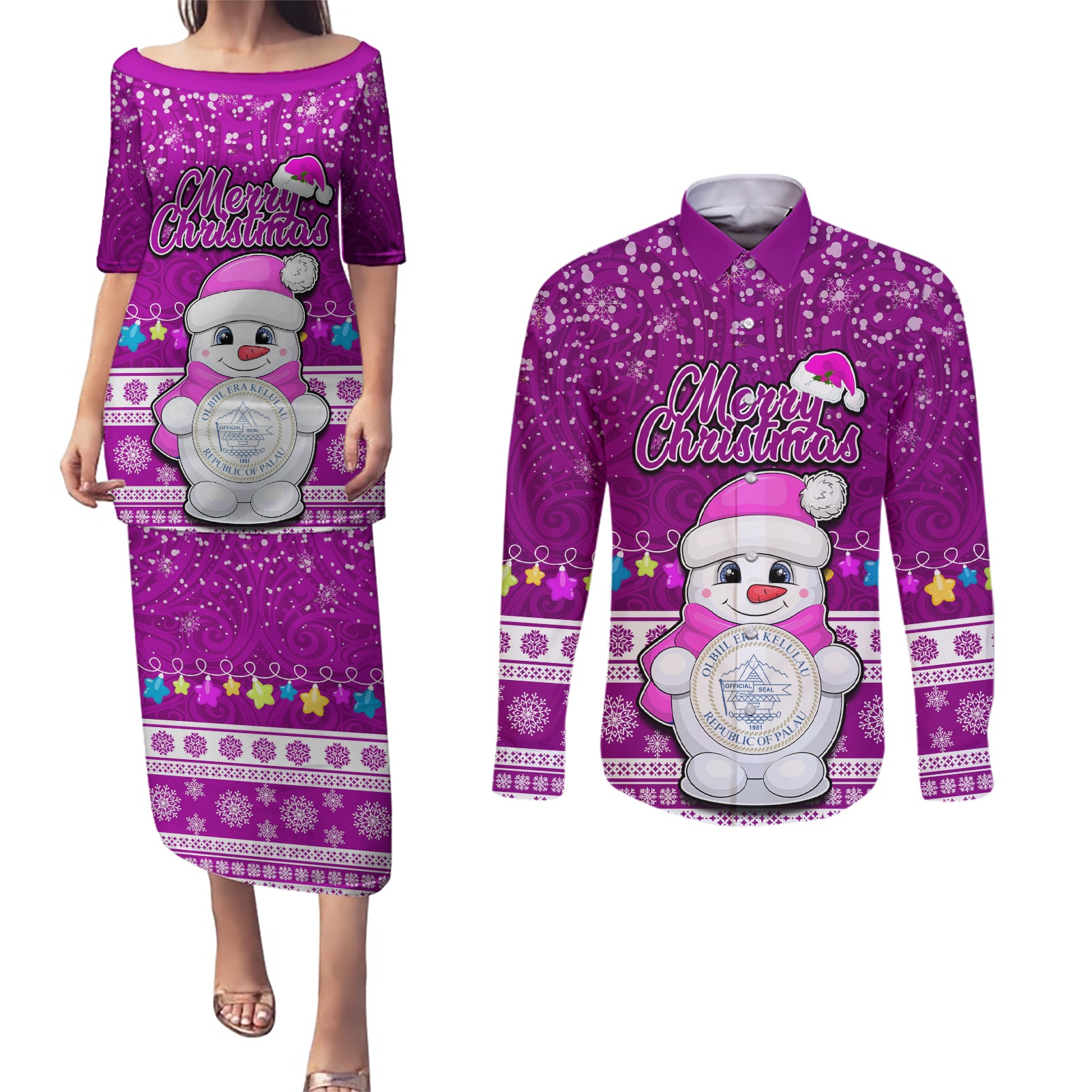Palau Christmas Couples Matching Puletasi Dress and Long Sleeve Button Shirt Snowman Hugs Palau Coat of Arms Maori Pattern Pink Style LT03 Pink - Polynesian Pride