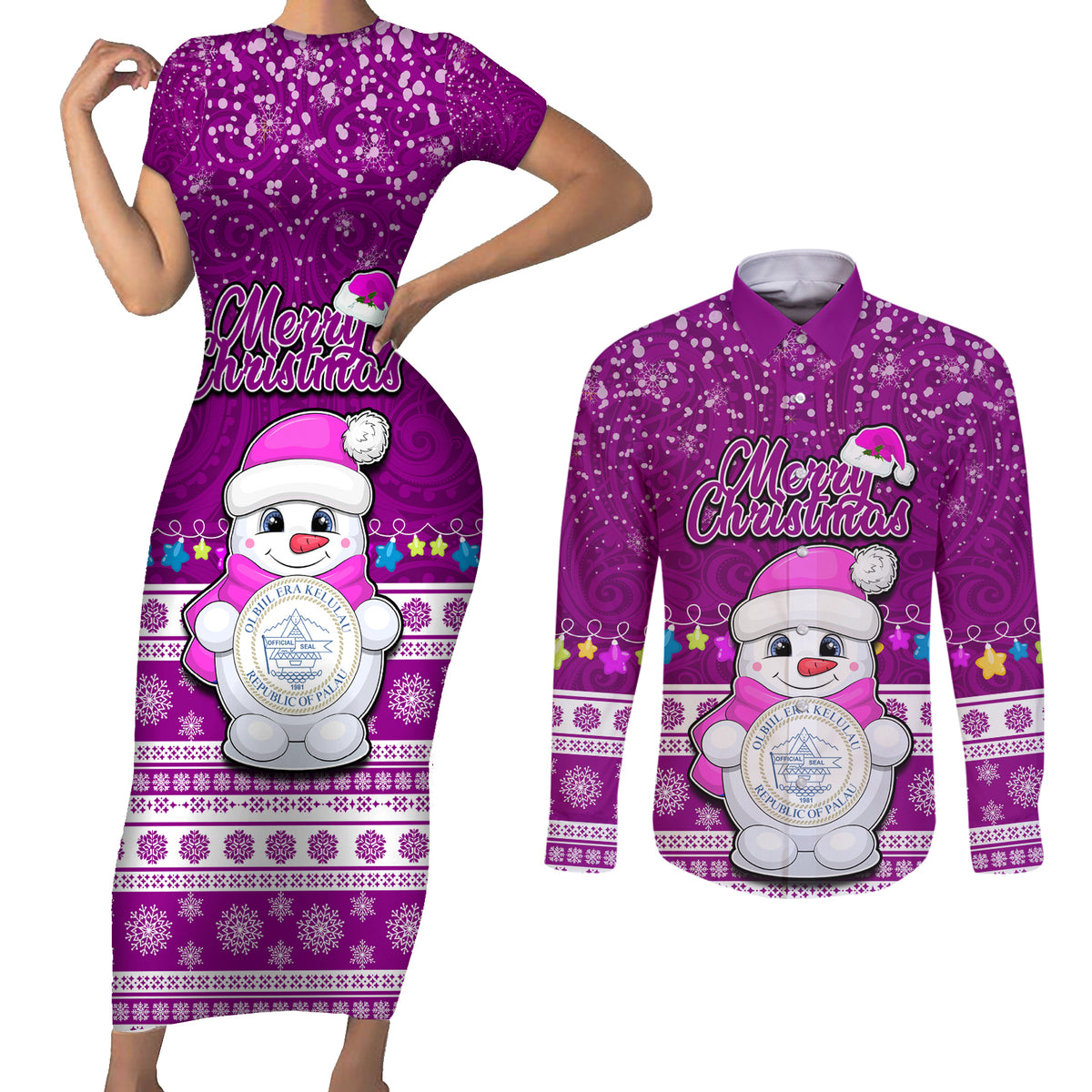 Palau Christmas Couples Matching Short Sleeve Bodycon Dress and Long Sleeve Button Shirt Snowman Hugs Palau Coat of Arms Maori Pattern Pink Style LT03 Pink - Polynesian Pride