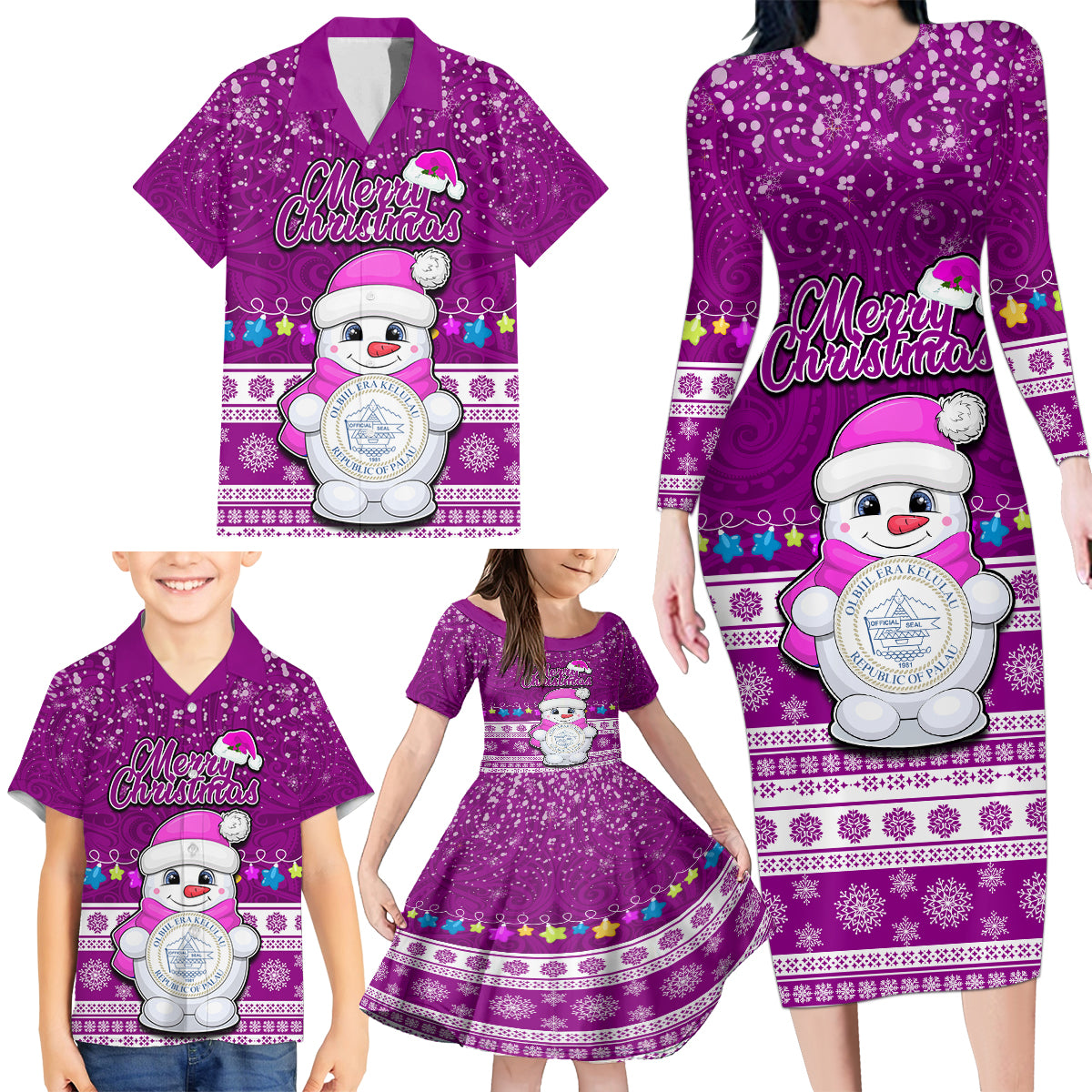 Palau Christmas Family Matching Long Sleeve Bodycon Dress and Hawaiian Shirt Snowman Hugs Palau Coat of Arms Maori Pattern Pink Style LT03 - Polynesian Pride