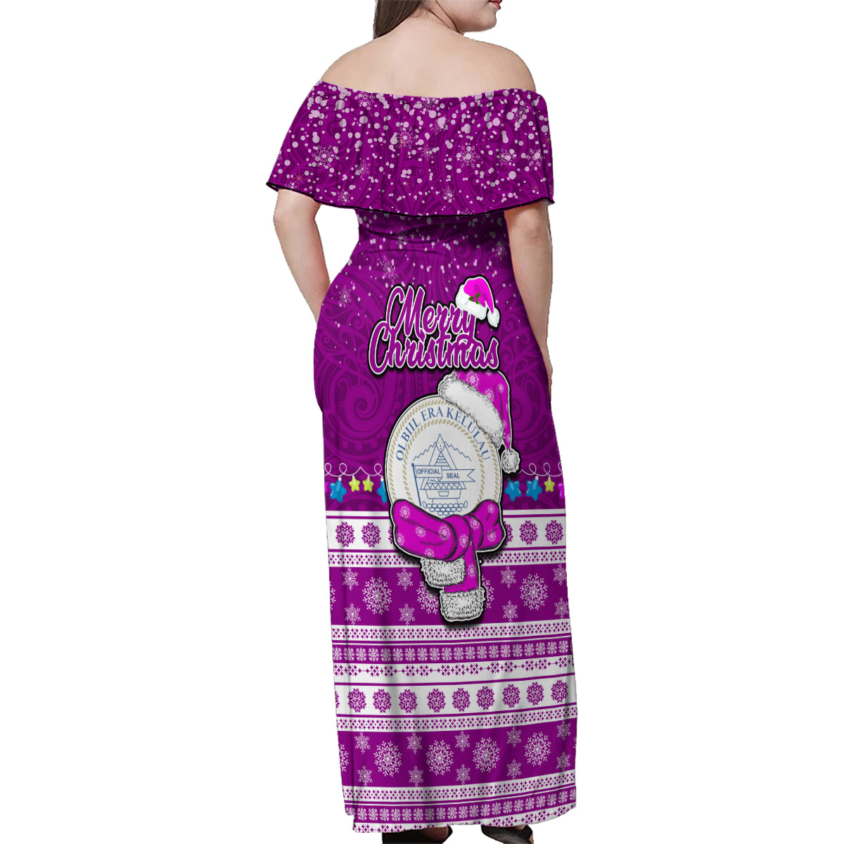 Palau Christmas Family Matching Off Shoulder Maxi Dress and Hawaiian Shirt Snowman Hugs Palau Coat of Arms Maori Pattern Pink Style LT03 - Polynesian Pride