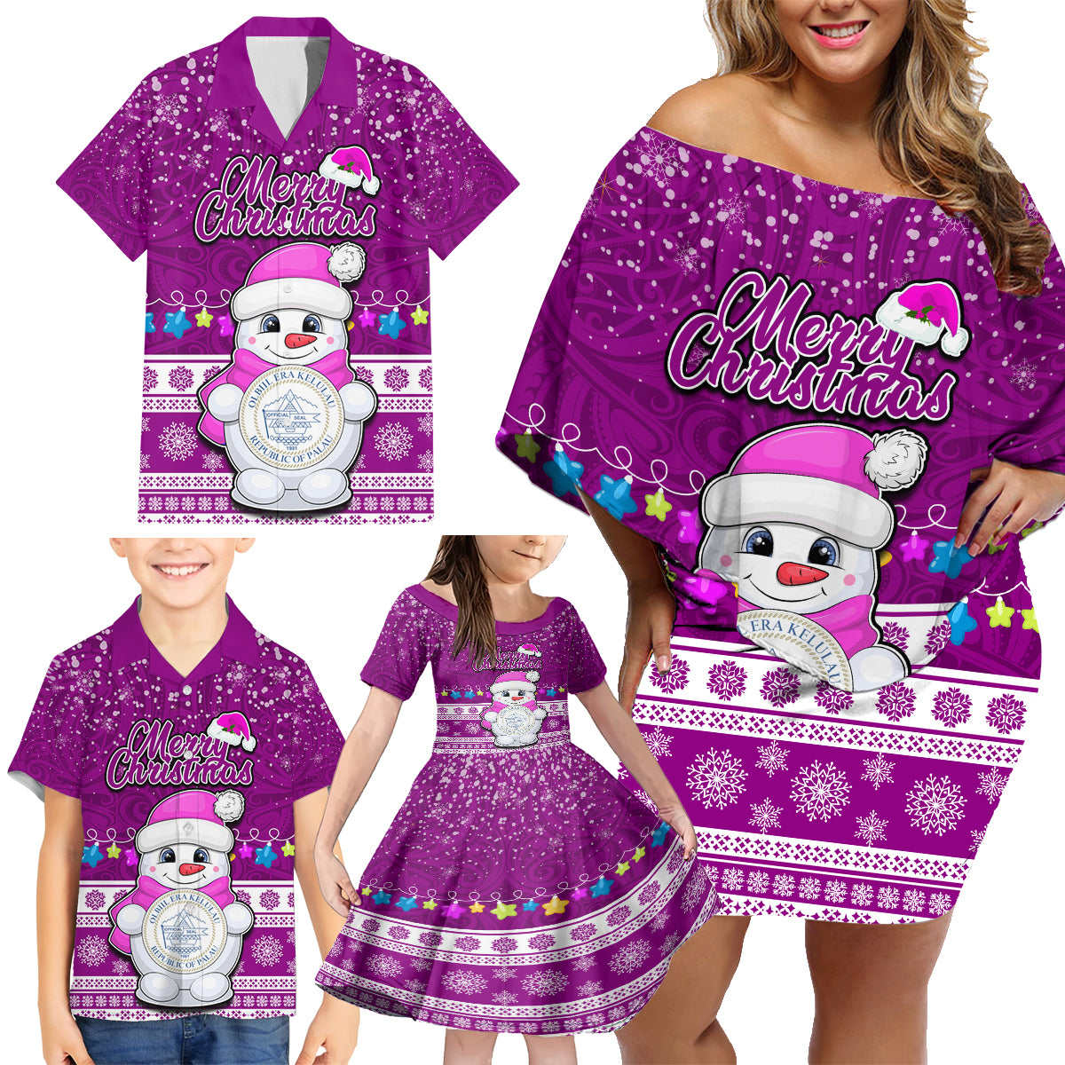 Palau Christmas Family Matching Off Shoulder Short Dress and Hawaiian Shirt Snowman Hugs Palau Coat of Arms Maori Pattern Pink Style LT03 - Polynesian Pride