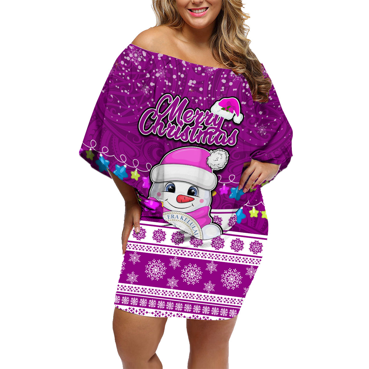 Palau Christmas Family Matching Off Shoulder Short Dress and Hawaiian Shirt Snowman Hugs Palau Coat of Arms Maori Pattern Pink Style LT03 Mom's Dress Pink - Polynesian Pride