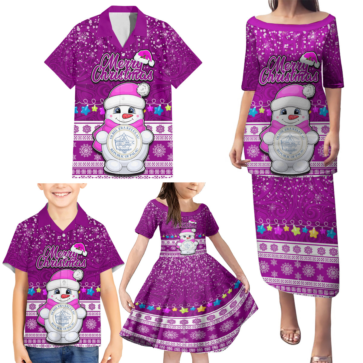 Palau Christmas Family Matching Puletasi Dress and Hawaiian Shirt Snowman Hugs Palau Coat of Arms Maori Pattern Pink Style LT03 - Polynesian Pride