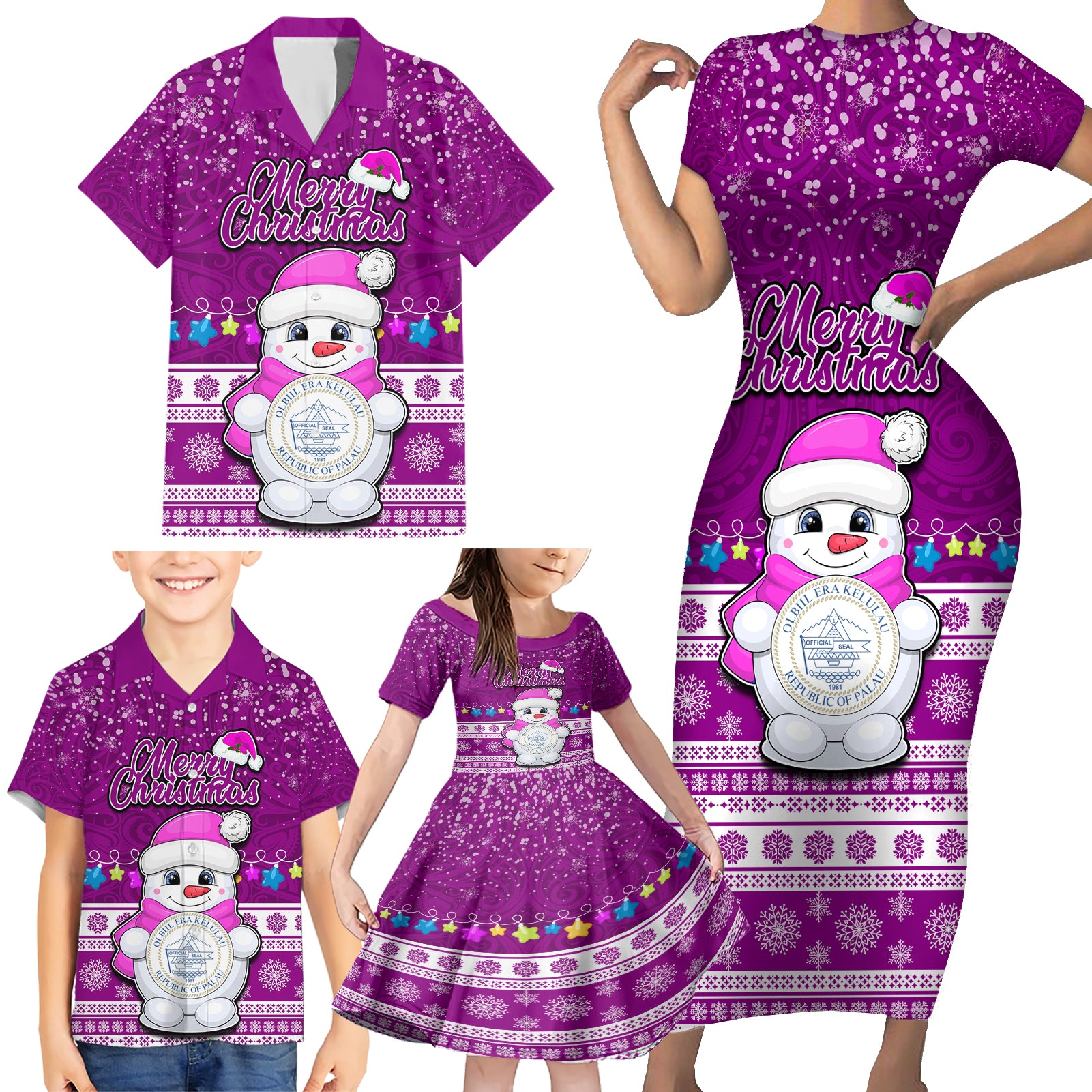 Palau Christmas Family Matching Short Sleeve Bodycon Dress and Hawaiian Shirt Snowman Hugs Palau Coat of Arms Maori Pattern Pink Style LT03 - Polynesian Pride