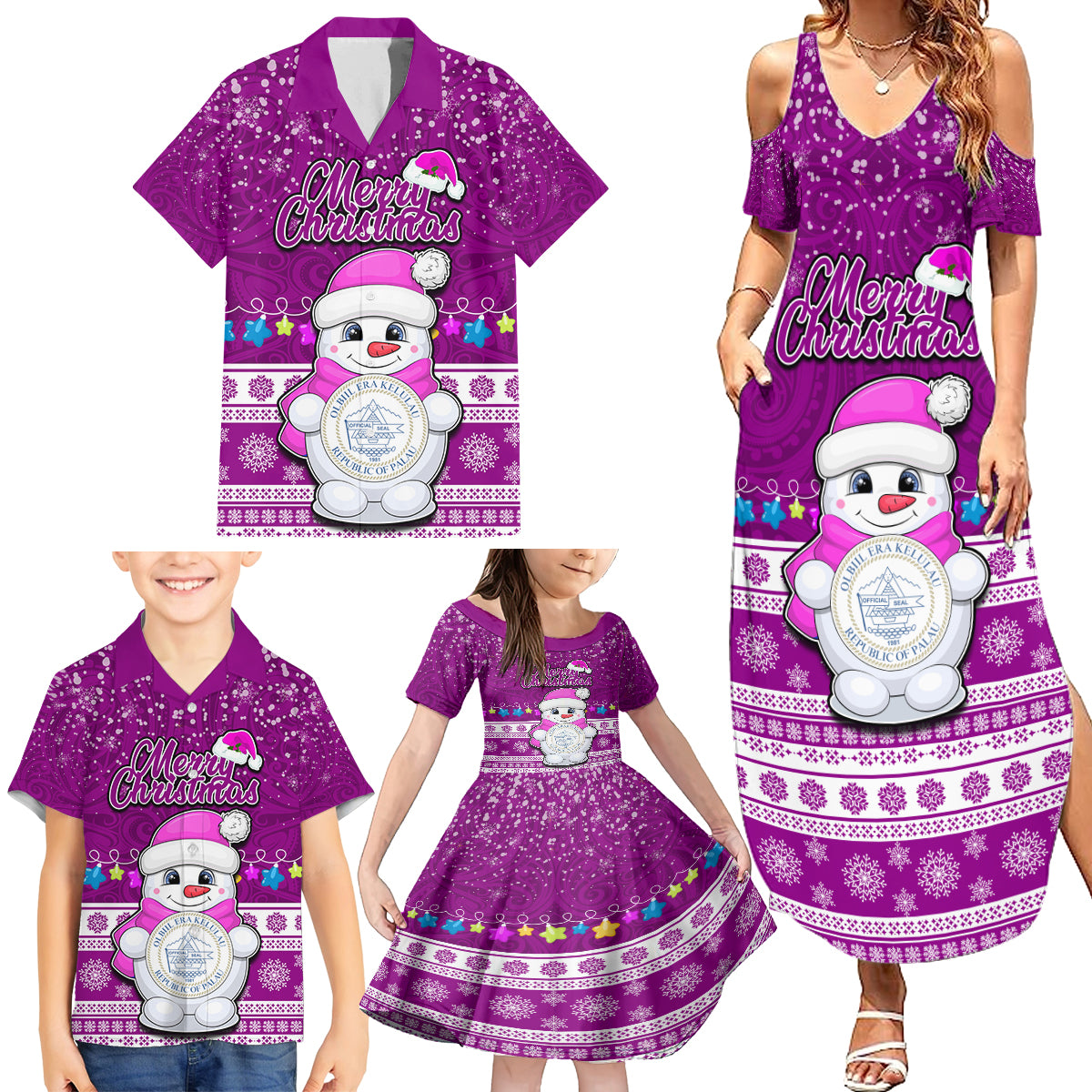 Palau Christmas Family Matching Summer Maxi Dress and Hawaiian Shirt Snowman Hugs Palau Coat of Arms Maori Pattern Pink Style LT03 - Polynesian Pride