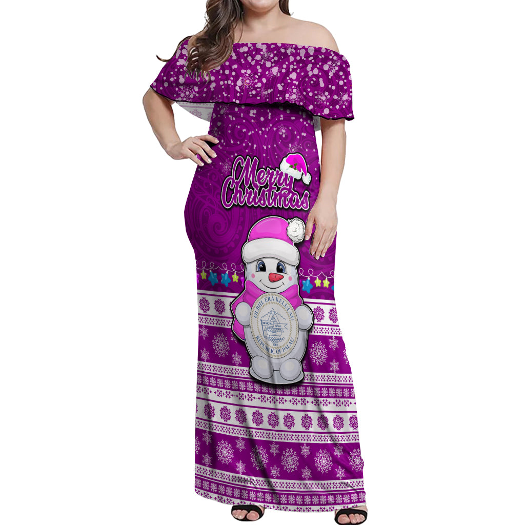 Palau Christmas Off Shoulder Maxi Dress Snowman Hugs Palau Coat of Arms Maori Pattern Pink Style LT03 Women Pink - Polynesian Pride