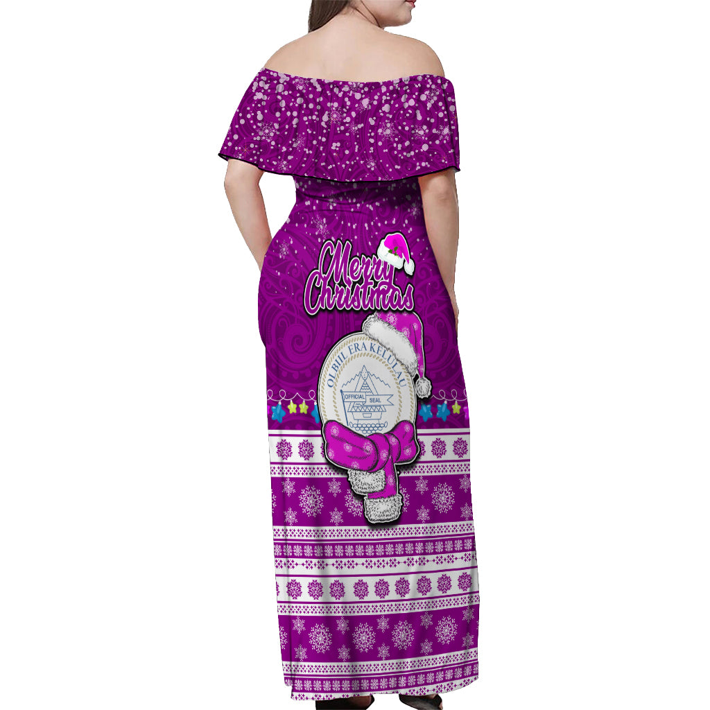 Palau Christmas Off Shoulder Maxi Dress Snowman Hugs Palau Coat of Arms Maori Pattern Pink Style LT03 - Polynesian Pride