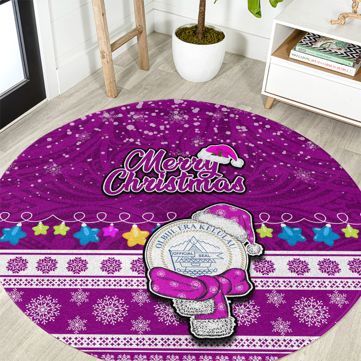 Palau Christmas Round Carpet Snowman Hugs Palau Coat of Arms Maori Pattern Pink Style LT03 Pink - Polynesian Pride