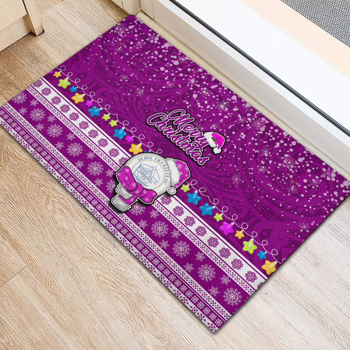 Palau Christmas Rubber Doormat Snowman Hugs Palau Coat of Arms Maori Pattern Pink Style LT03 - Polynesian Pride