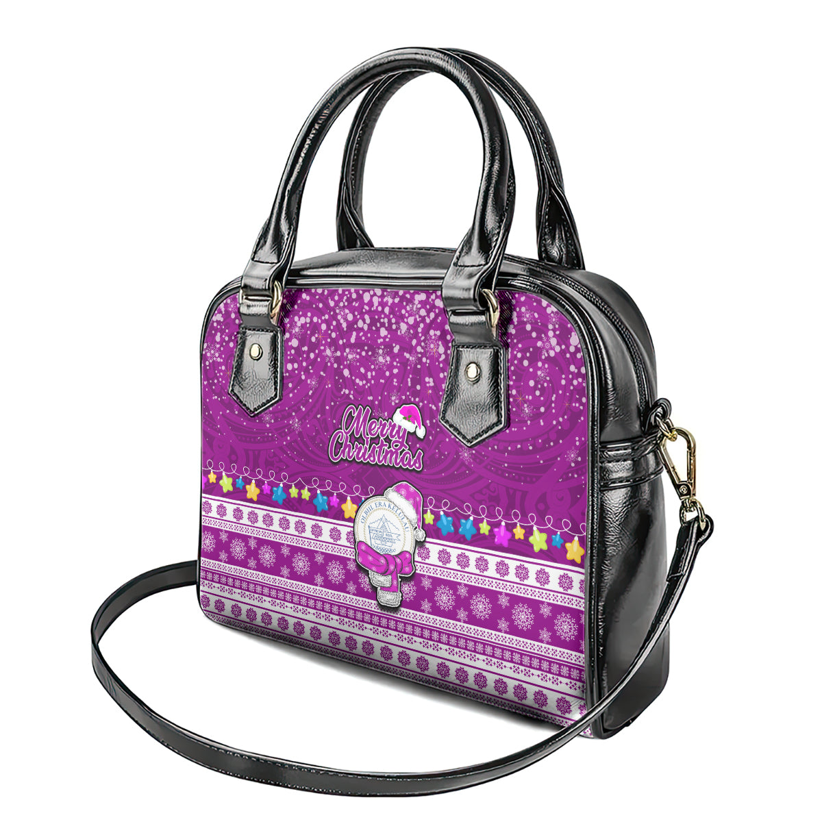 Palau Christmas Shoulder Handbag Snowman Hugs Palau Coat of Arms Maori Pattern Pink Style LT03 - Polynesian Pride