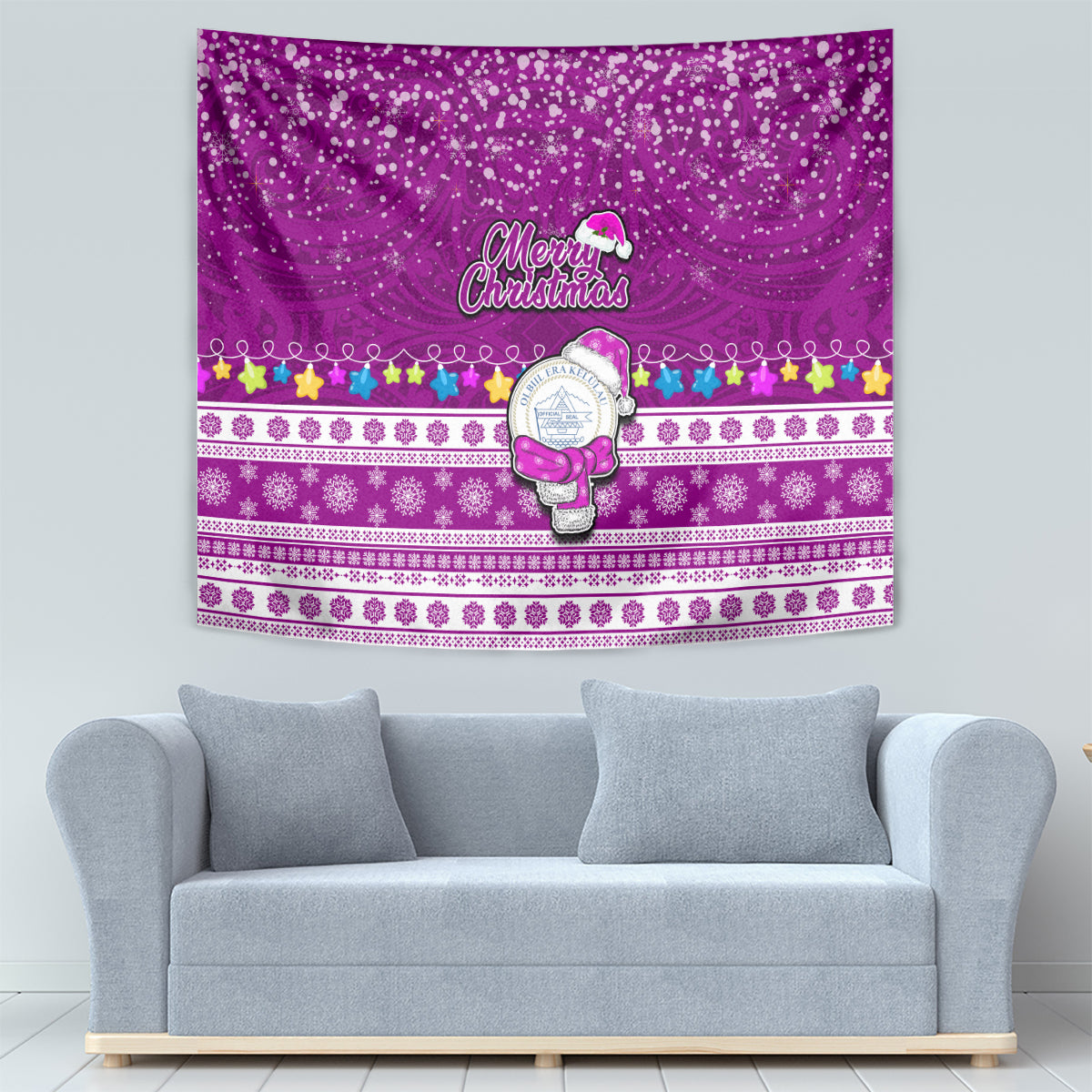 Palau Christmas Tapestry Snowman Hugs Palau Coat of Arms Maori Pattern Pink Style LT03 - Polynesian Pride