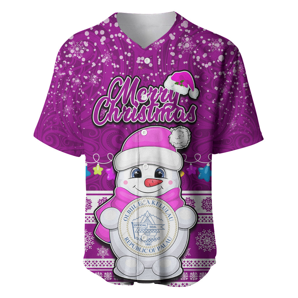 Personalised Palau Christmas Baseball Jersey Snowman Hugs Palau Coat of Arms Maori Pattern Pink Style LT03 Pink - Polynesian Pride