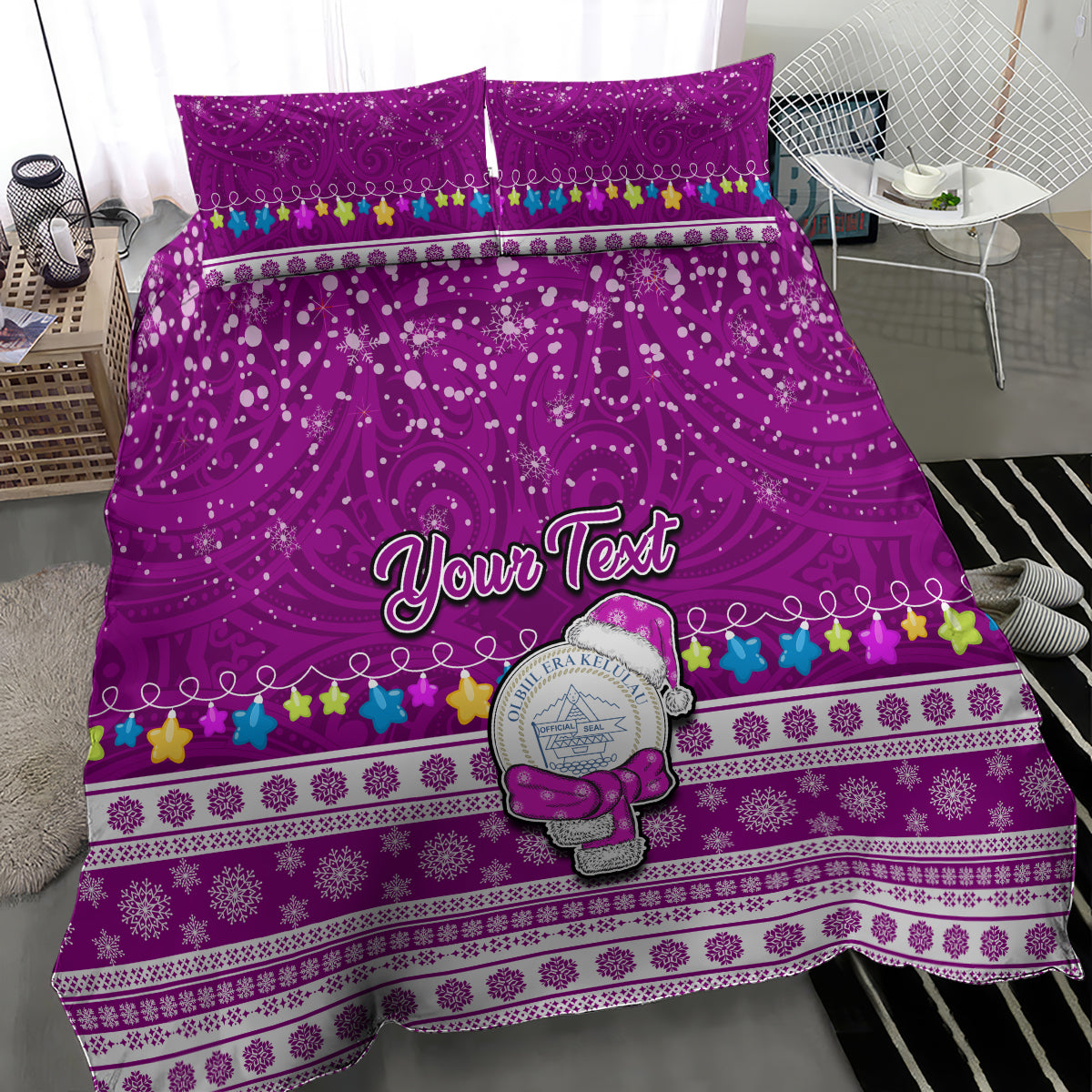 Personalised Palau Christmas Bedding Set Snowman Hugs Palau Coat of Arms Maori Pattern Pink Style LT03 - Polynesian Pride