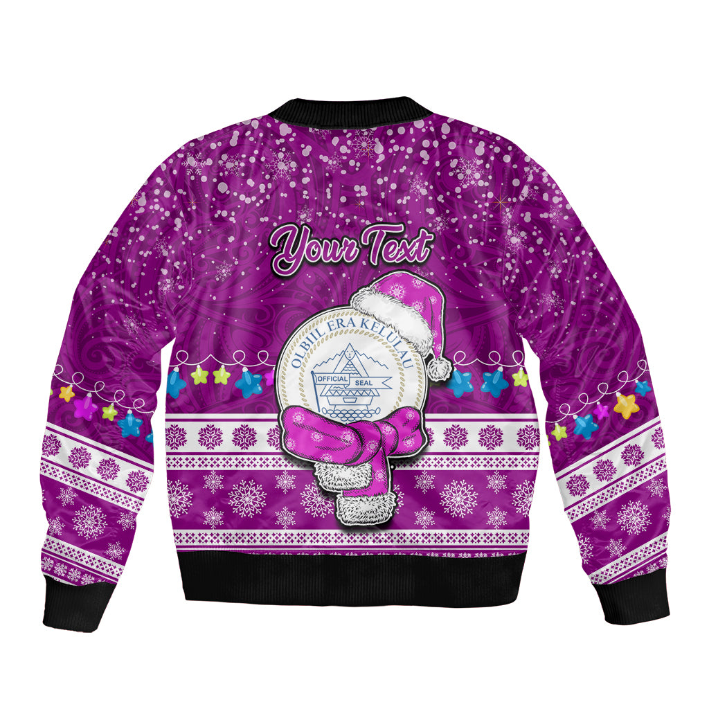 Personalised Palau Christmas Bomber Jacket Snowman Hugs Palau Coat of Arms Maori Pattern Pink Style LT03 - Polynesian Pride