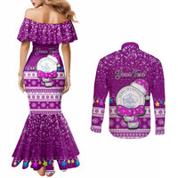 Personalised Palau Christmas Couples Matching Mermaid Dress and Long Sleeve Button Shirt Snowman Hugs Palau Coat of Arms Maori Pattern Pink Style LT03 - Polynesian Pride