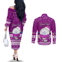 Personalised Palau Christmas Couples Matching Off The Shoulder Long Sleeve Dress and Long Sleeve Button Shirt Snowman Hugs Palau Coat of Arms Maori Pattern Pink Style LT03 - Polynesian Pride